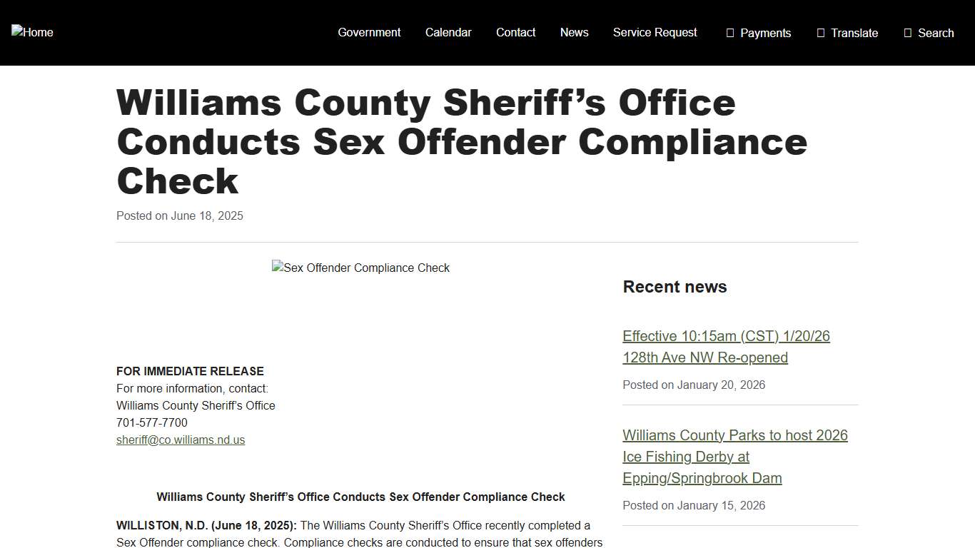 Williams County Sheriff's Office Conducts Sex Offender Compliance Check - Williams County, ND